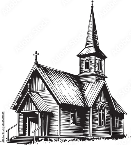 Hand-Drawn Wooden Church – Black Outline Vector with Steeple and Cross