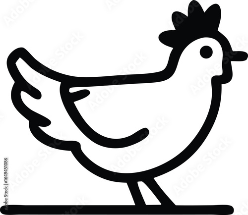 Simple outline drawing of a stylized chicken standing on a flat line