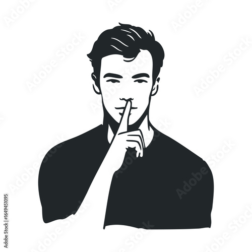 Monochrome illustration of young caucasian male gesturing silence