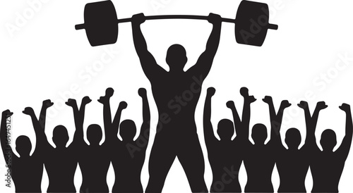 Silhouette of a weightlifter raising a barbell with an cheering crowd of people weightlifting strength