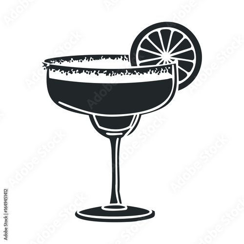 Classic black and white margarita illustration with lime garnish on glass rim