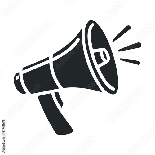 Black and white megaphone icon with sound waves on a white background
