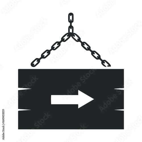 Hanging wooden signboard with arrow icon on chain