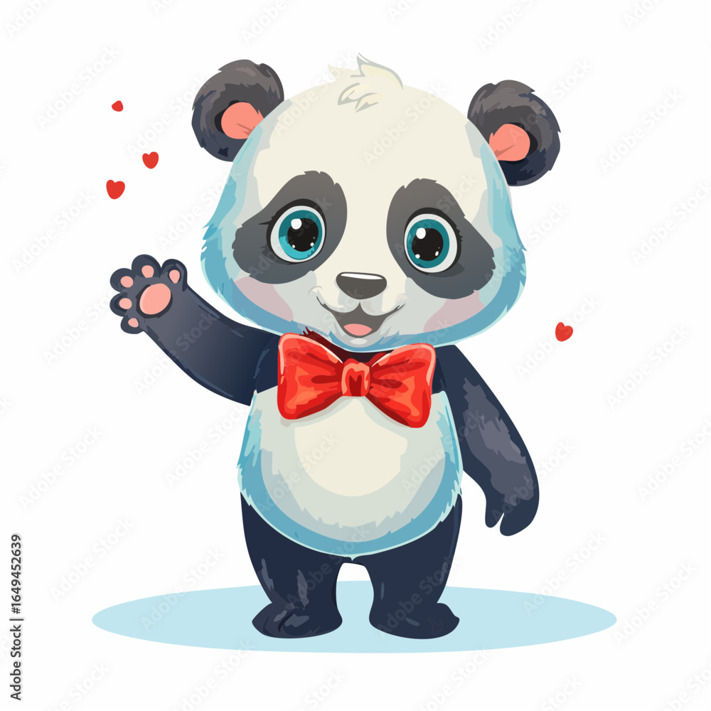 Naklejka premium Adorable cartoon baby panda illustration, playfully waving hello with a friendly smile and a bright red bow tie, surrounded by cute little hearts, great for children's designs