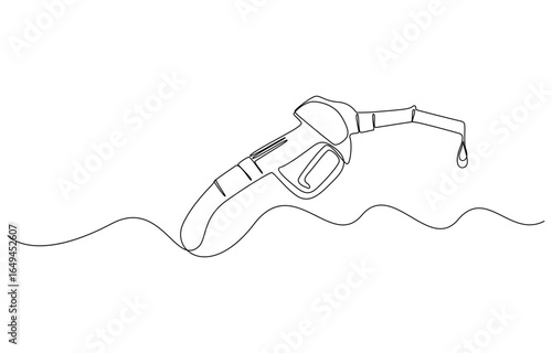 Refueling gas gun dispenser single continuous line art. Petrol industry business car diesel pump refuel headline, Gasoline pistol isolated on white background. One line continuous gasoline pistol art.
