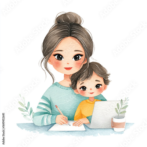Watercolor illustration of a mother with a bun and her child working together