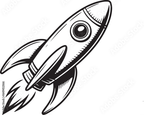 Vintage Hand-Drawn Classic Rocket Ship with Thrusters Black Outline Vector Illustration