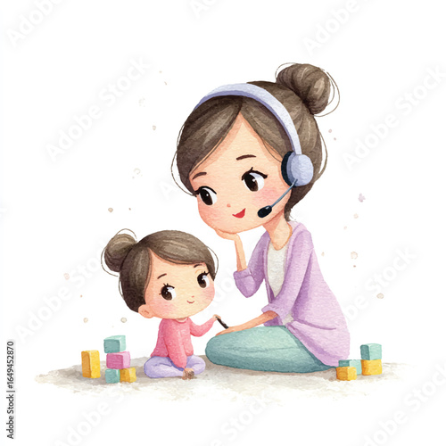 Watercolor Illustration of a Mother with Headset and Daughter Playing with Blocks