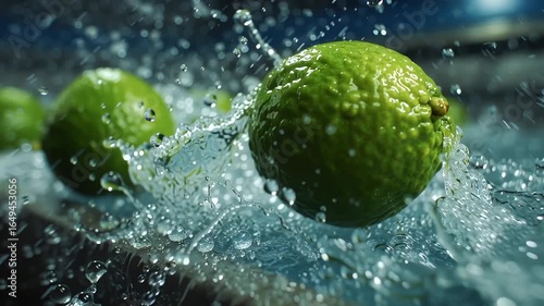 Dynamic Splash of Fresh Green Limes in Water Refreshing Citrus Scene for Vibrant and Invigorating Experience