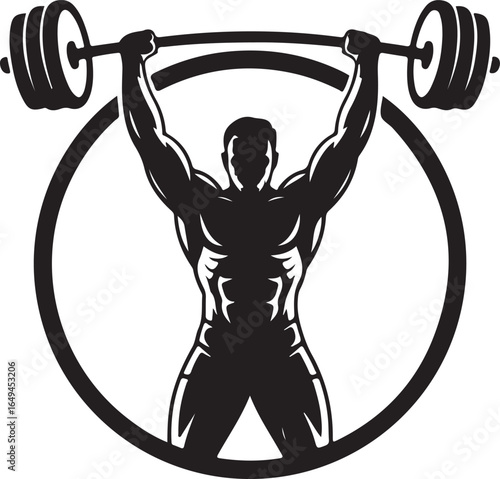 Silhouette of a bodybuilder lifting a barbell in a circle Keywords: bodybuilding, fitness