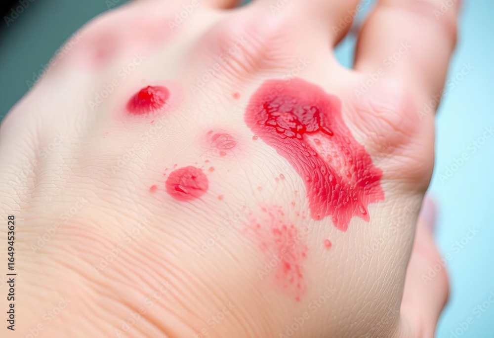 Fototapeta premium Close-up of red, itchy rash and inflamed skin on a hand, health, contact dermatitis