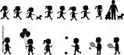 Black silhouette kids and adult walking, running, playing with dog, holding balloons, playing tennis, family outdoor activities clipart, vector figures, children silhouettes