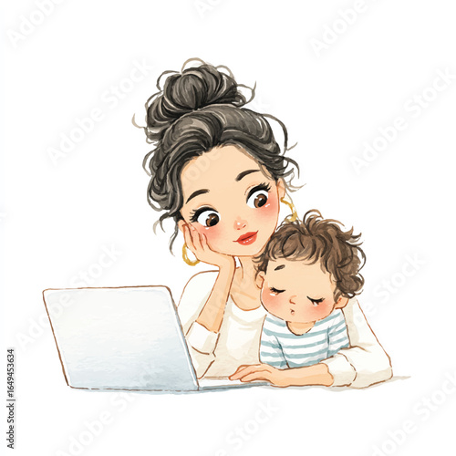 Watercolor Illustration of a Mother Working on Laptop with Baby