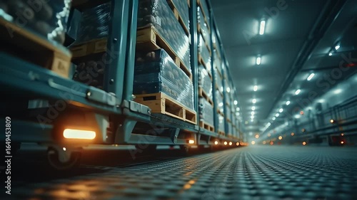 Futuristic Warehouse with Automated Storage Systems Glowing Lights Illuminate Industrial Shelving and Pallets