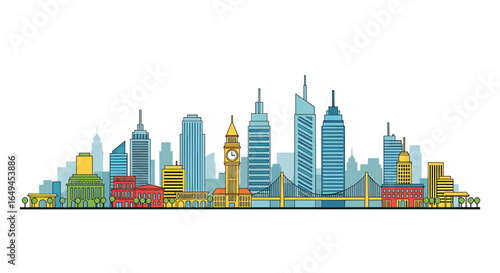 A stylized cityscape skyline featuring diverse architectural styles and prominent buildings.