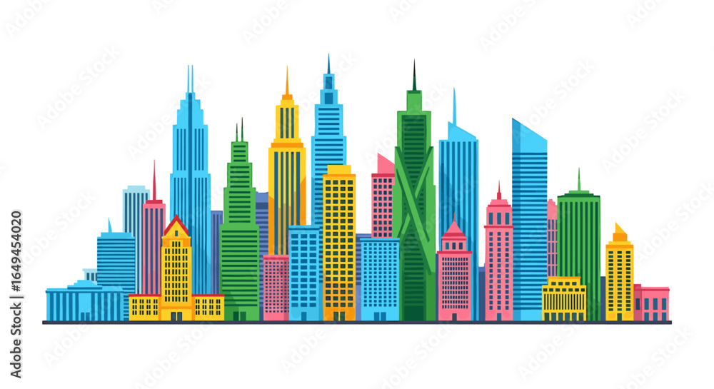Obraz premium Colorful cityscape illustration featuring various modern skyscrapers against a white background.
