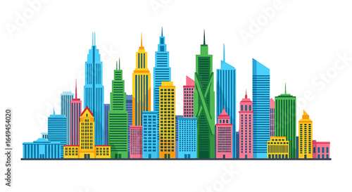 Colorful cityscape illustration featuring various modern skyscrapers against a white background.