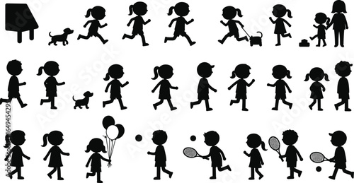 Black silhouettes of children and adults running, walking dogs, playing tennis, holding balloons, family activities vector art, people clipart, simple figures