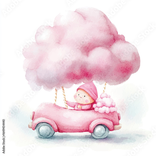 Watercolor Illustration of a Pink Car with a Cloud Balloon and a Gnome Driver