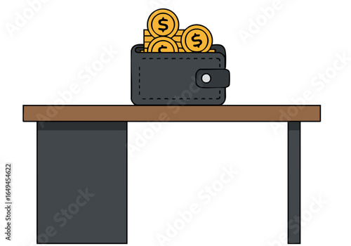 A black wallet sits on a desk, overflowing with golden coins. A simple, clean illustration evokes financial security and prosperity. Ideal for business and finance themes.