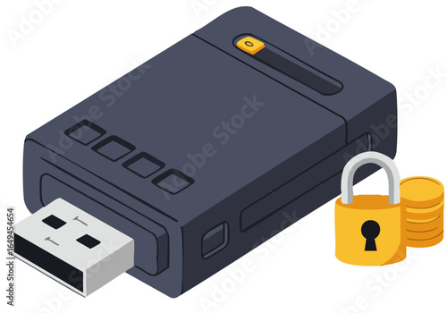 Isometric illustration of a secure wallet with a USB drive and padlock. Modern, clean design. Ideal for tech, finance, and security concepts. Suitable for commercial use.