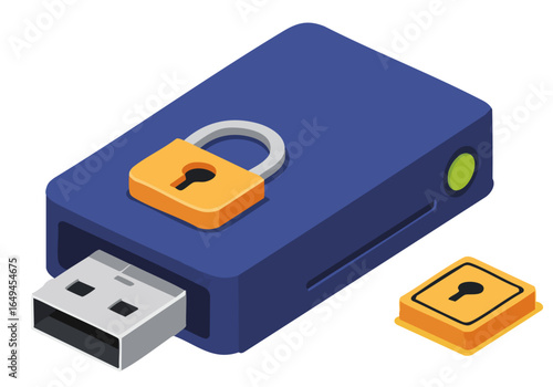 Isometric illustration of a wallet lock with a USB drive. Secure digital storage, data protection, and privacy concepts. Modern, flat design, blue and orange color palette.