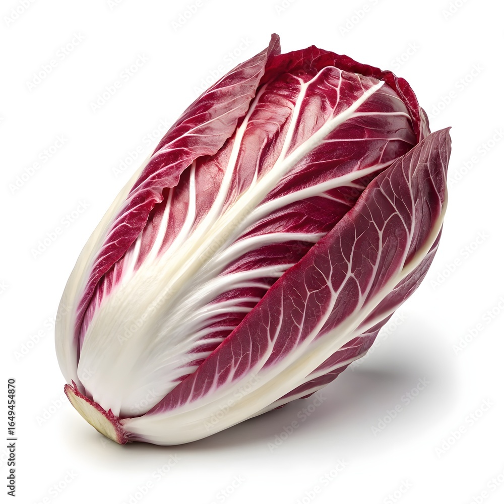 Obraz premium Late Treviso Radicchio Elegant Mature Italian Chicory with Long Burgundy Leaves and Striking White Ribs on Crisp White Background for Gourmet Botanical Beauty and Rich Culinary Flavor