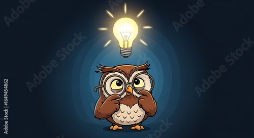 A clever and charming cartoon owl, complete with large, scholarly glasses, experiences a brilliant 