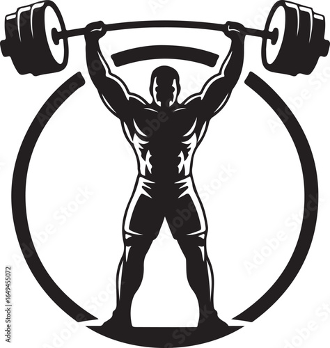 Silhouette of a weightlifter lifting a barbell inside a circle with abstract lines weightlifting strength