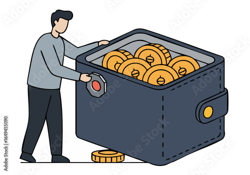 A man troubleshoots a wallet overflowing with coins. A clean, modern illustration depicting financial management and problem-solving.  Clear composition and appealing design.