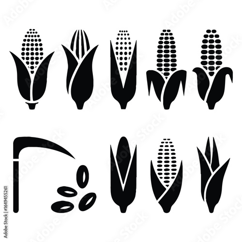 Corn Silhouette Vector Icons Set, Maize, Cob, Seeds, and Farming Tools for Agriculture Design, vector design