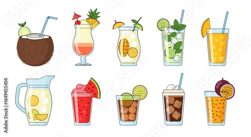 Illustration of a variety of colorful tropical cocktails and drinks with different fruit garnishes and straws