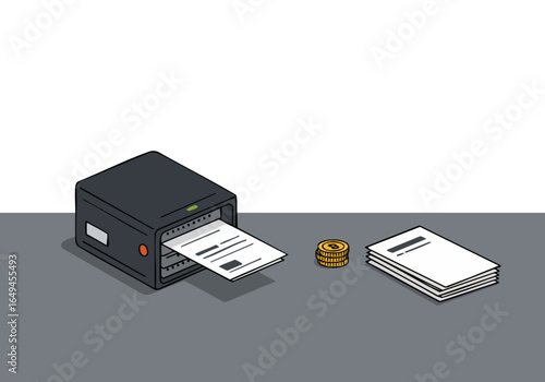 A printer dispenses a document alongside a backup seed. Clean, modern illustration. Perfect for blockchain, crypto, or digital security concepts.