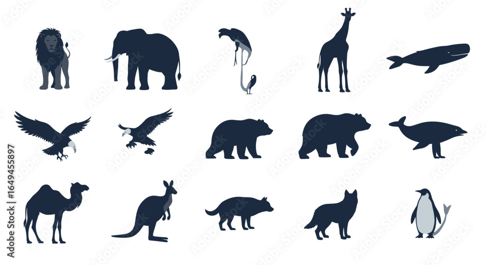 Fototapeta premium Silhouette illustration featuring a diverse collection of animals including mammals and birds in dark blue