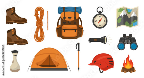 Illustration of hiking and camping gear including boots, backpack, tent, compass, and other items