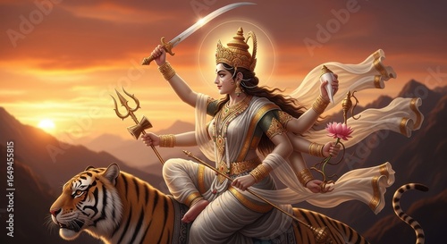 Divine Warrior Goddess Riding Majestic Tiger at Sunset