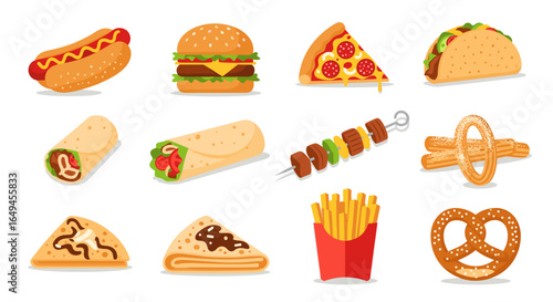 Illustration of various fast food items including hot dog burger pizza taco and more delicious treats