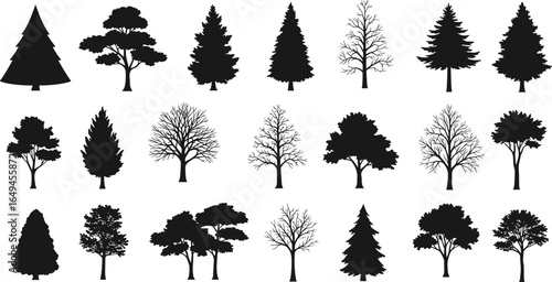 Collection of diverse black tree silhouettes including pines, bare branches, deciduous trees, and grouped trees in vector styleCollection of diverse black tree silhouettes including pines, bare branch