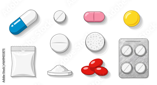 Illustration of various pharmaceutical products including pills capsules and powder in packaging