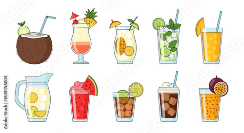 Illustration of a variety of colorful tropical cocktails and drinks with different fruit garnishes and straws