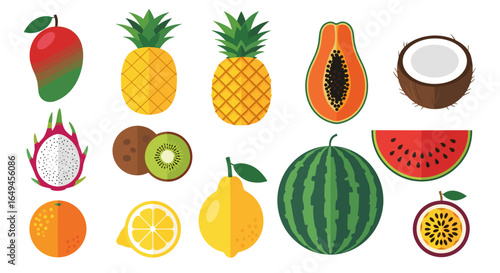 Assortment of various tropical and citrus fruits including mango pineapple and watermelon displayed nicely