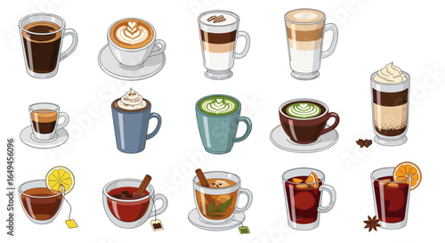 Illustration of various hot beverages including coffee tea and other drinks in mugs and glasses