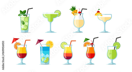 Collection of ten stylized cocktail drinks with various garnishes and colorful layered beverages