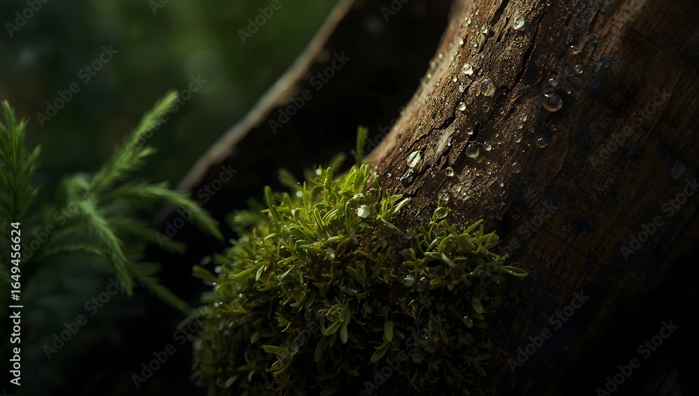 Obraz premium Atmospheric macro shot of moss on a wet tree surface after rainy weather.