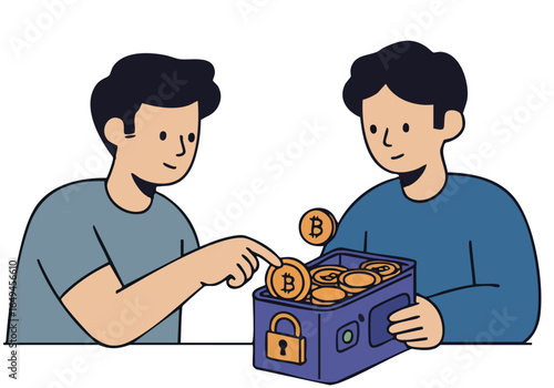 Two men exchange cryptocurrency in a secure box. One oversees offline transactions, conveying trust and digital security. Modern illustration style.
