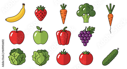 Illustration of a variety of fruits and vegetables including banana strawberry and leafy greens arranged nicely
