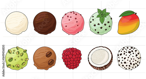 Assorted ice cream scoops featuring various flavors and toppings arranged in two horizontal rows