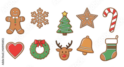 Illustration of christmas themed gingerbread cookies including a tree and a gingerbread man and a star