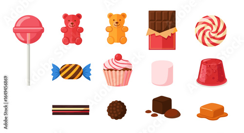 Assorted candies and sweets including lollipop gummy bears chocolate cupcake and other sugary treats