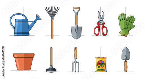 Illustration of various gardening tools including watering can, rake, shovel, and gardening gloves displayed